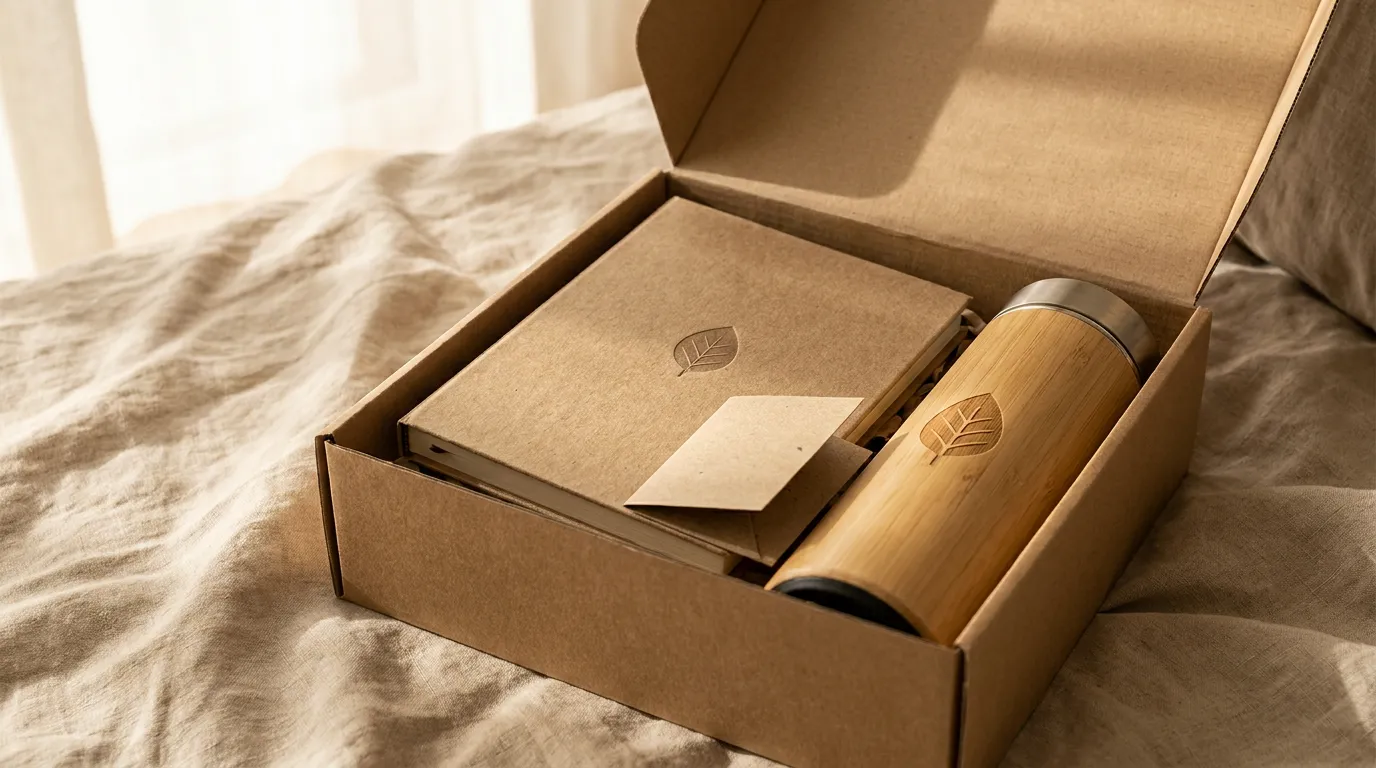 A recycled kraft gift box with a subtly embossed bamboo notebook and a reusable bottle on a linen surface beside a small potted seedling