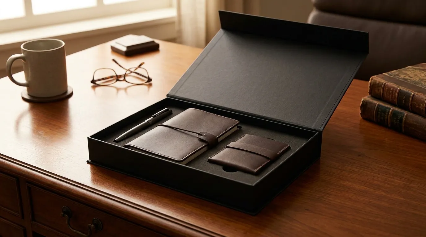 A neat business gift box in recyclable kraft packaging with a reusable bottle and a notebook on a linen-covered desk beside a pen and a folded card.