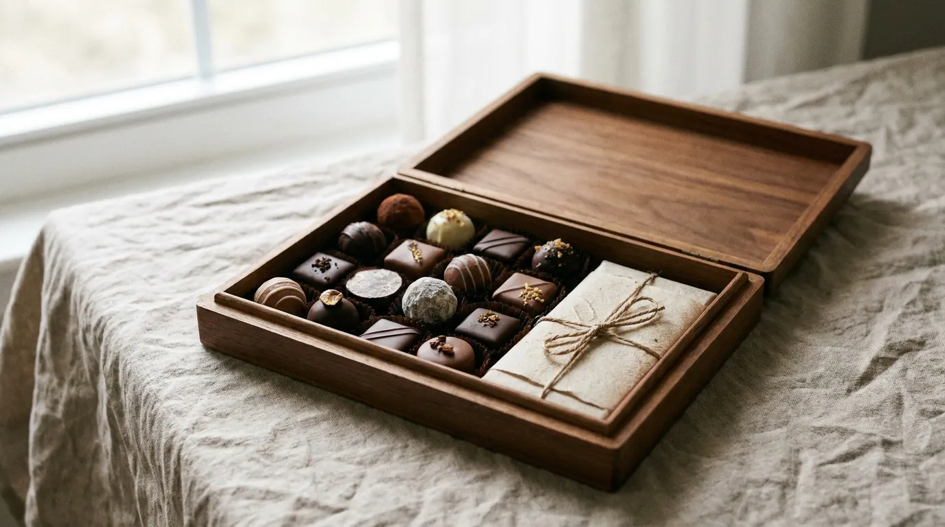A boxed selection of chocolates in recyclable kraft packaging with a ribbon and a blank note card on a linen surface beside a coffee cup
