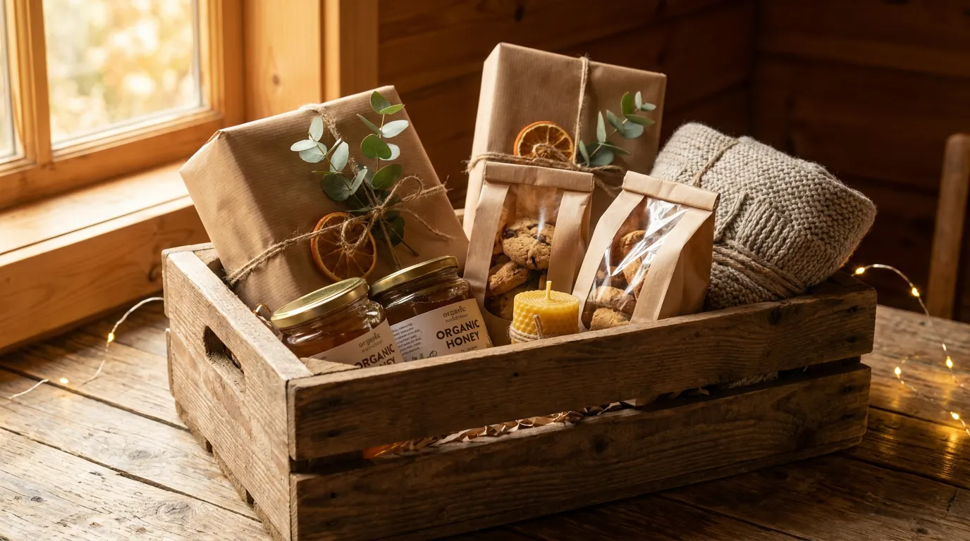 A festive corporate hamper in recycled kraft packaging filled with artisan treats, a reusable bottle and pine sprigs on a linen surface