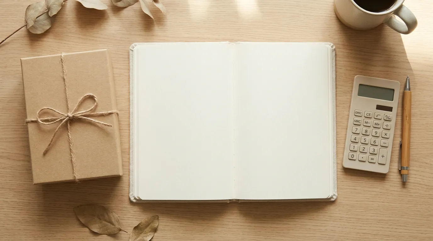 A tidy desk with a kraft gift box, a notebook, a pen and a calculator on a linen surface, with a small stack of receipts to one side.