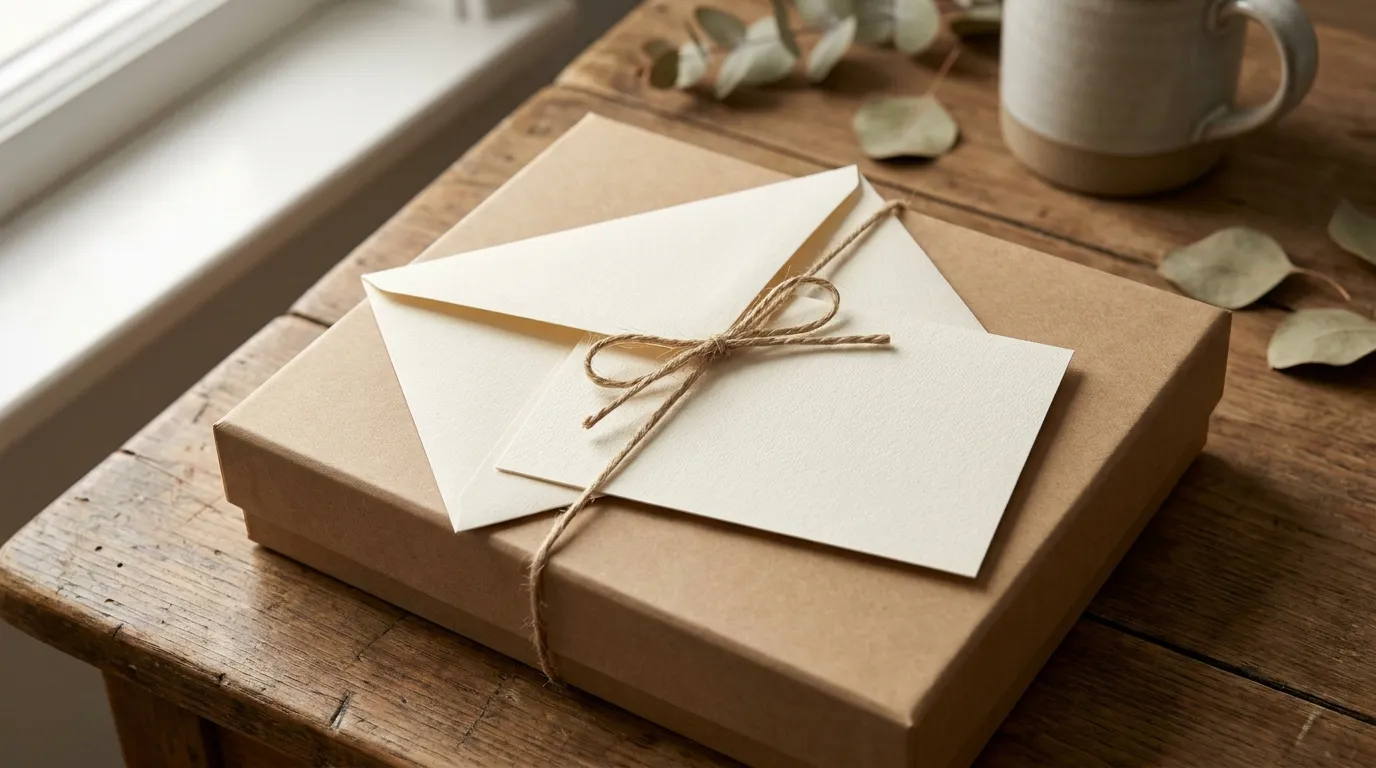 A flat-lay of plain gift cards and kraft envelopes beside a notebook and a coffee cup on a tidy wooden desk