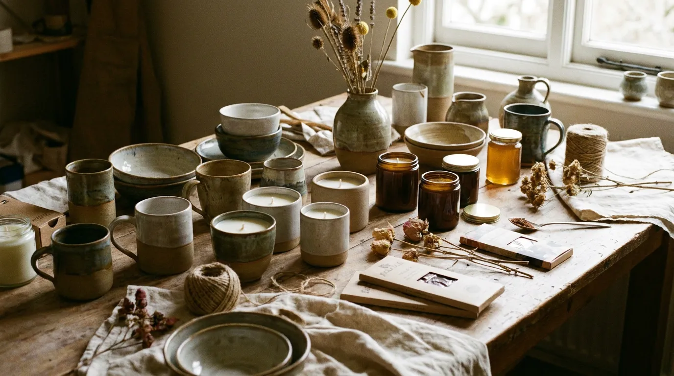 A curated corporate gift box of handmade goods from independent makers, with a maker card, ceramic mug and chocolate bar on a workshop bench beside a young tree sapling