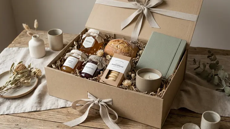 A kraft gift box tied with ribbon beside a ceramic mug, a notebook and a handwritten note card on a linen surface