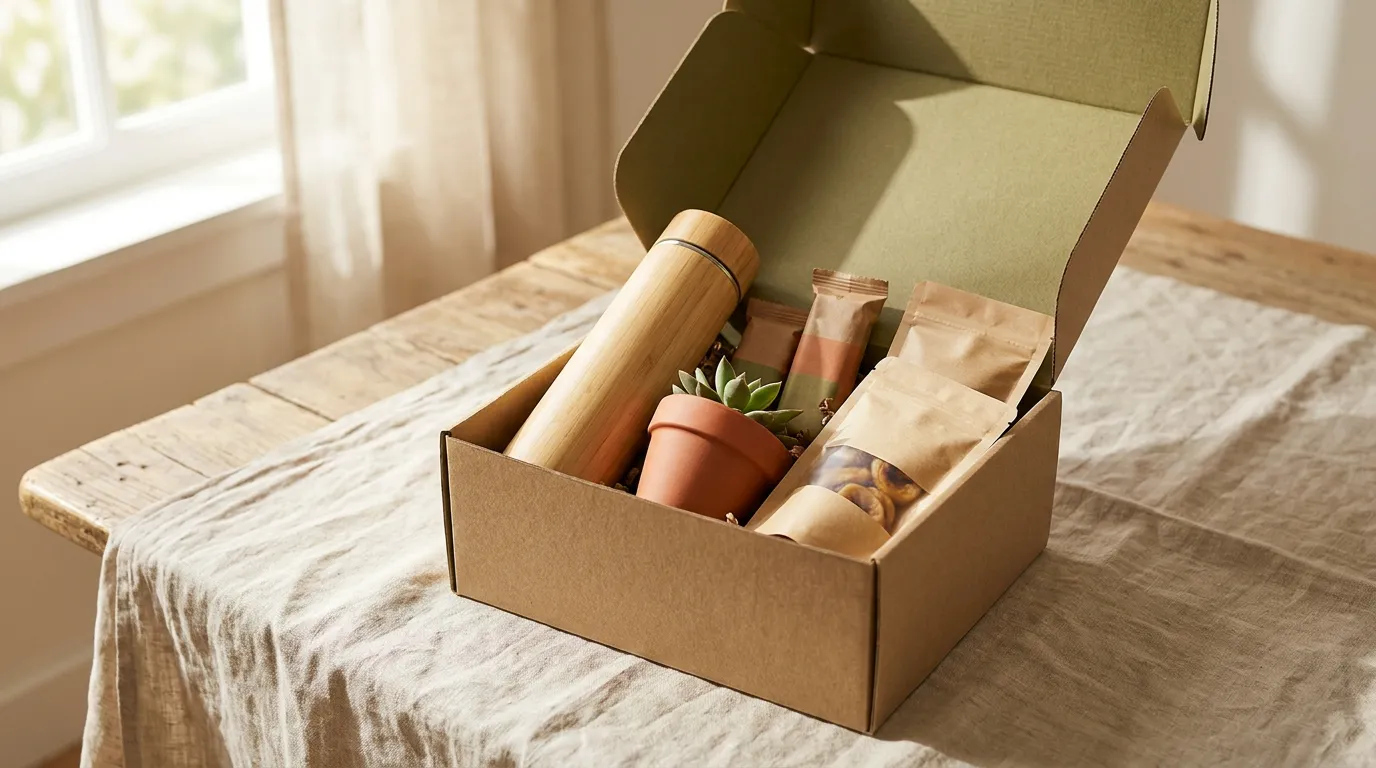 A sustainable corporate gift box in recycled kraft packaging with a bamboo bottle and a potted plant on a linen surface