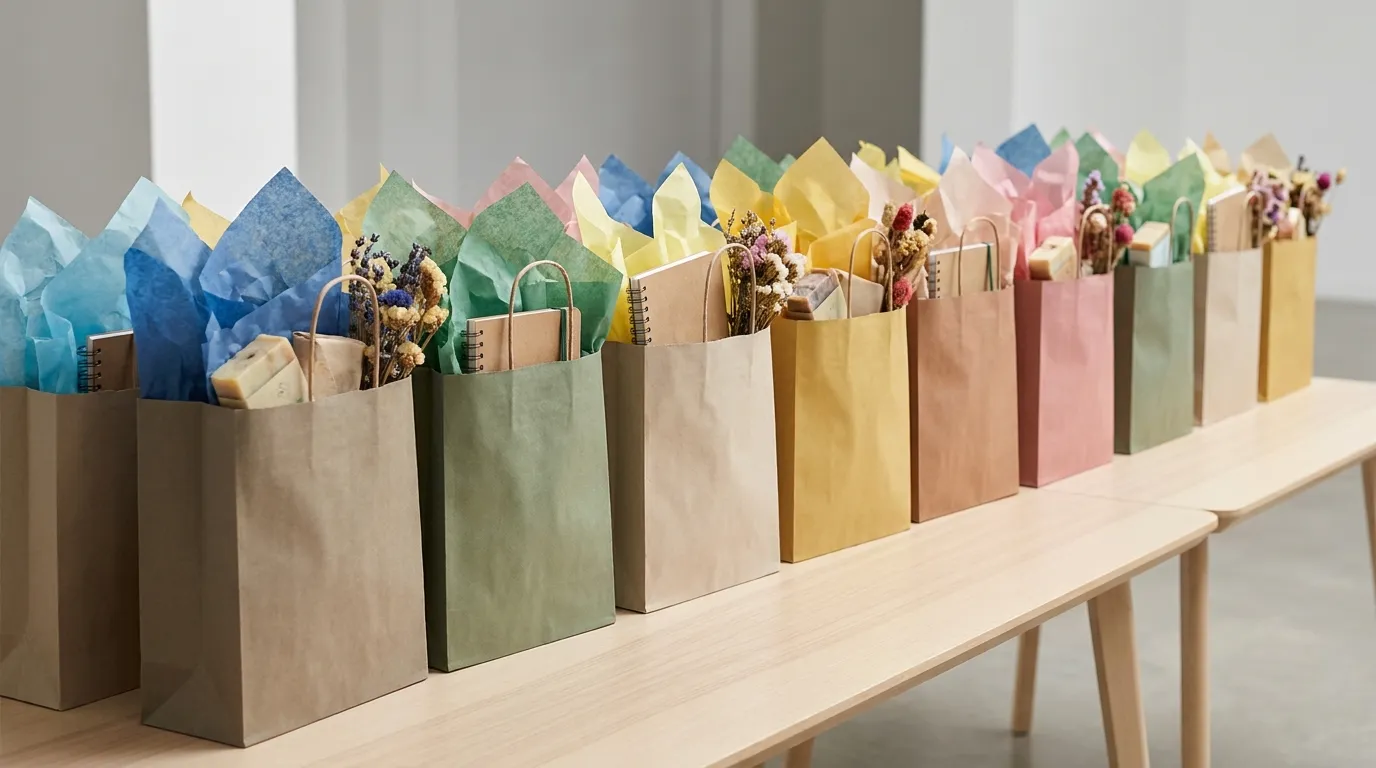 A row of kraft paper goody bags filled with a reusable bottle, a notebook and a snack on a linen-covered event table