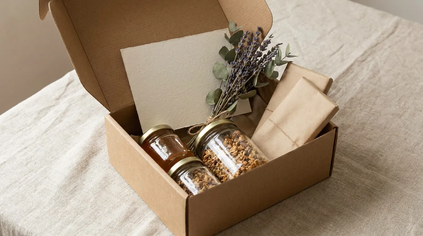 A recycled kraft thank-you gift box with a handwritten note card, a reusable bottle and artisan treats on a linen surface beside a small potted plant