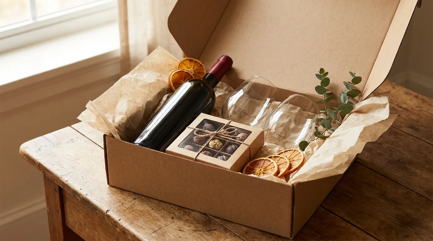 A wine gift box in recyclable kraft packaging with a bottle, two glasses and a small card on a linen surface beside a few good treats.