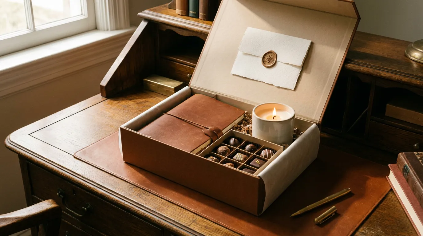 Several kraft gift boxes tied with ribbon arranged on a linen surface beside a notebook and a reusable bottle.
