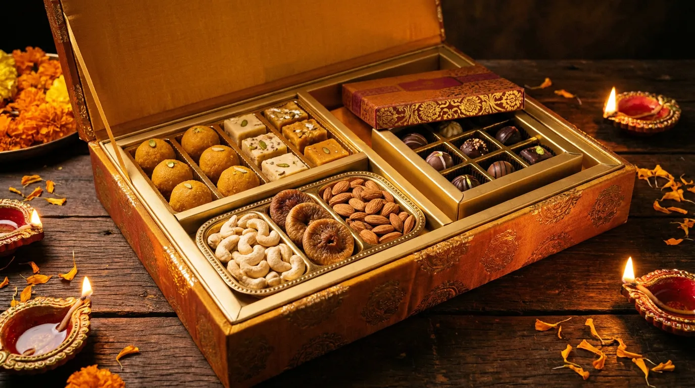 Gift boxes in kraft packaging tied with ribbon, with small wrapped treats and a notebook arranged on a linen surface.