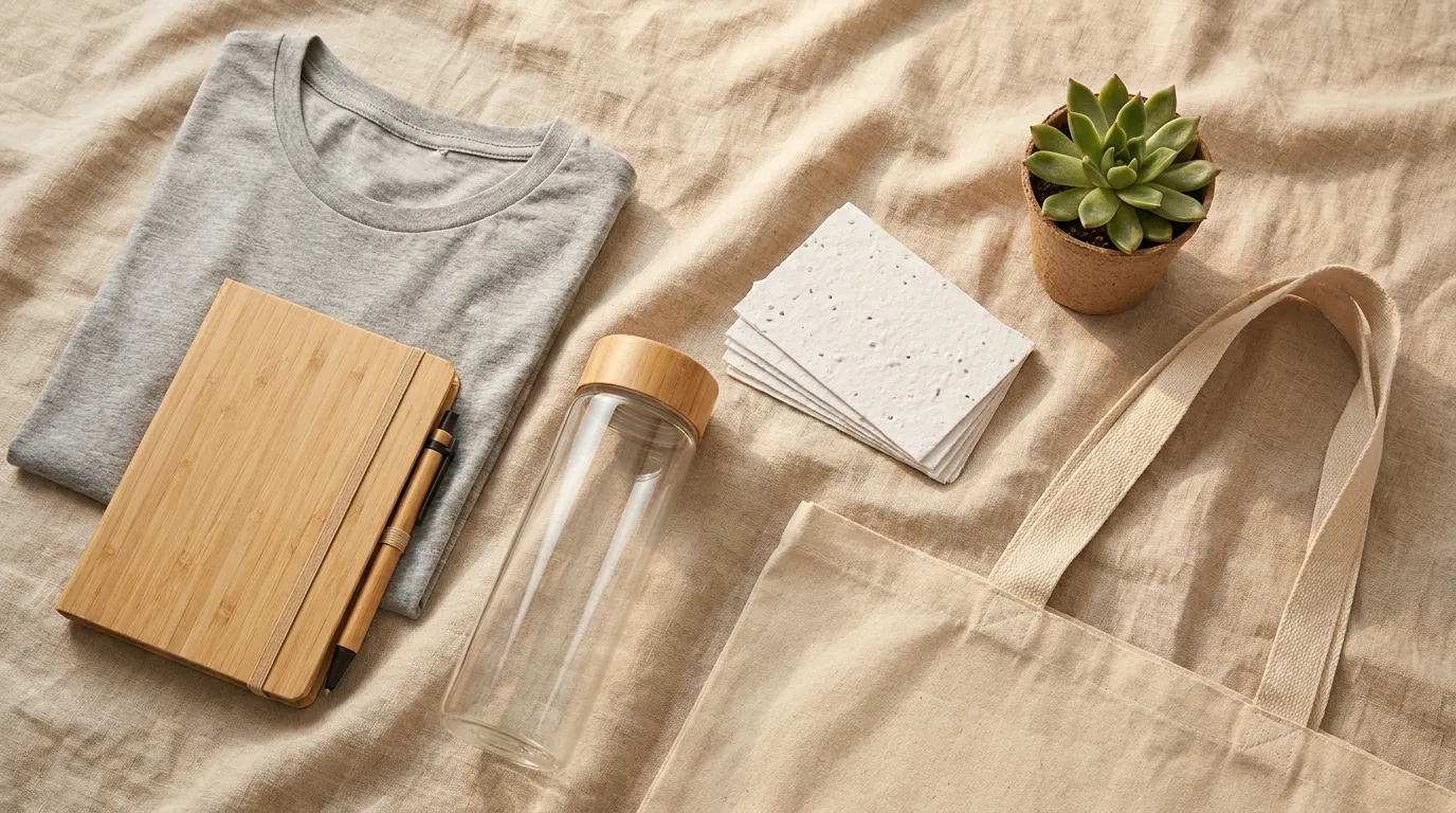 An assortment of eco-friendly branded swag including a stainless steel bottle, organic cotton tote, bamboo notebook and seed paper in recycled packaging on a wooden table