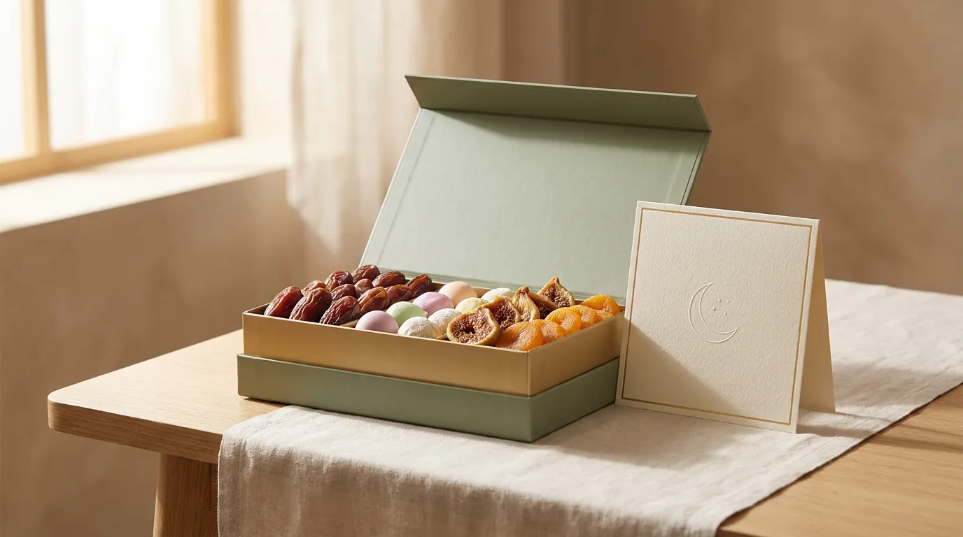 Gift boxes in kraft packaging tied with ribbon, arranged with dried dates and a notebook on a linen-covered desk.