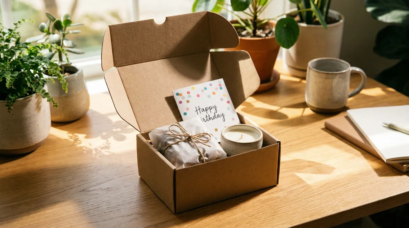 A small kraft gift box tied with ribbon beside a notebook and a reusable bottle on a linen-covered desk.