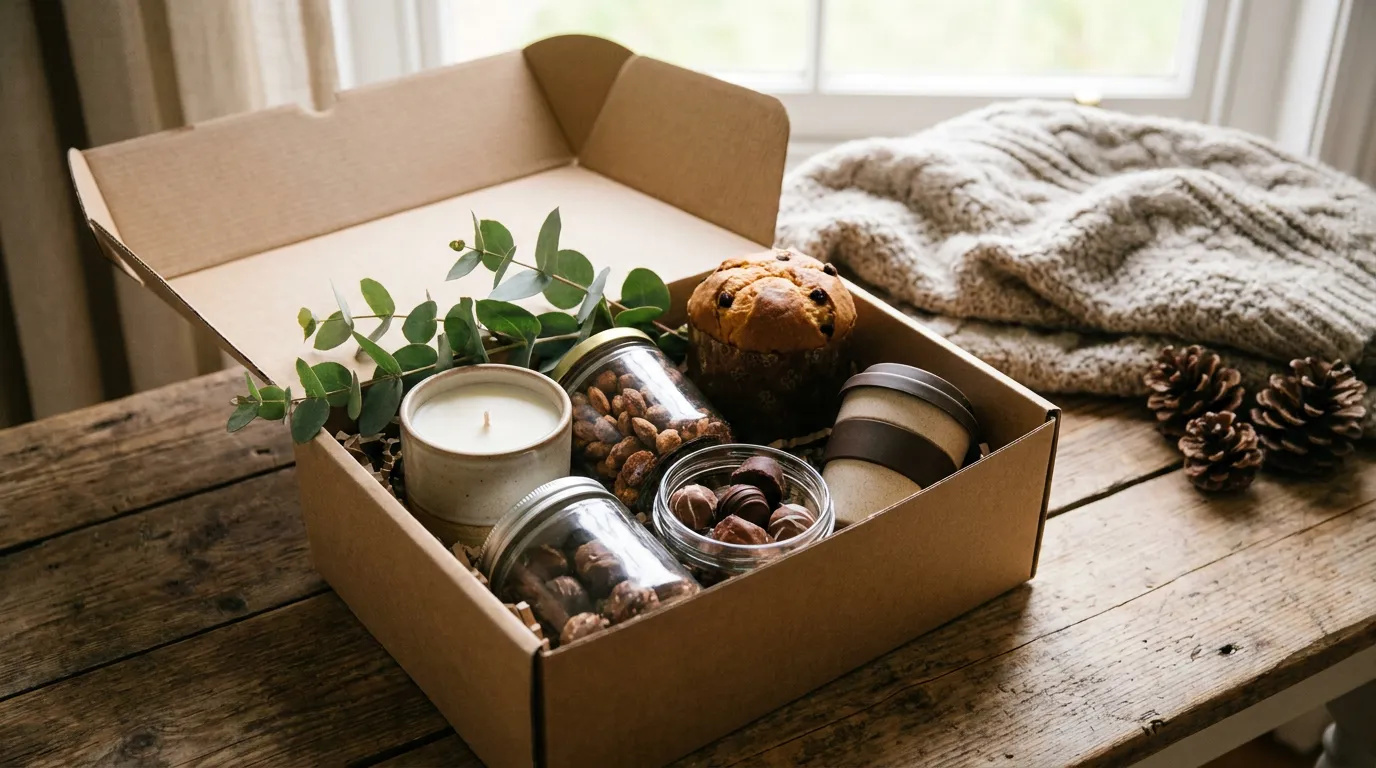 A festive employee gift box in recycled kraft packaging with a reusable bottle, a notebook and pine sprigs arranged on a wooden desk