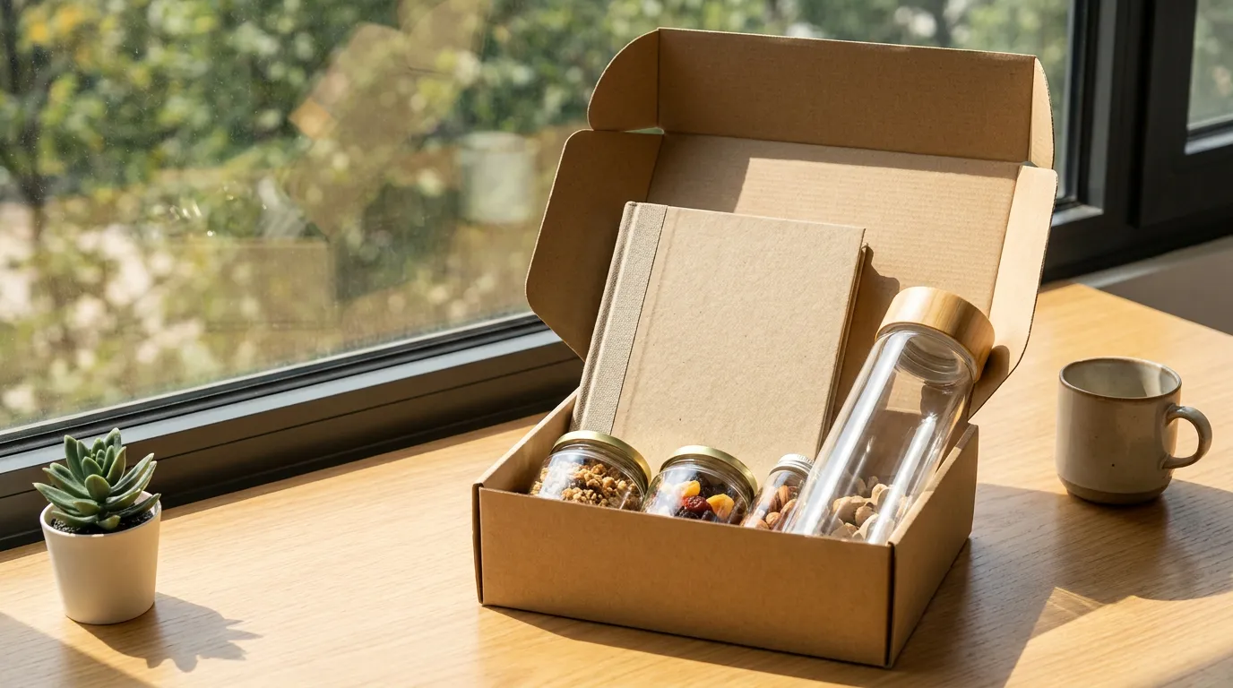 A welcome box in recycled kraft packaging with a bamboo bottle, a notebook and a potted seedling on a linen desk