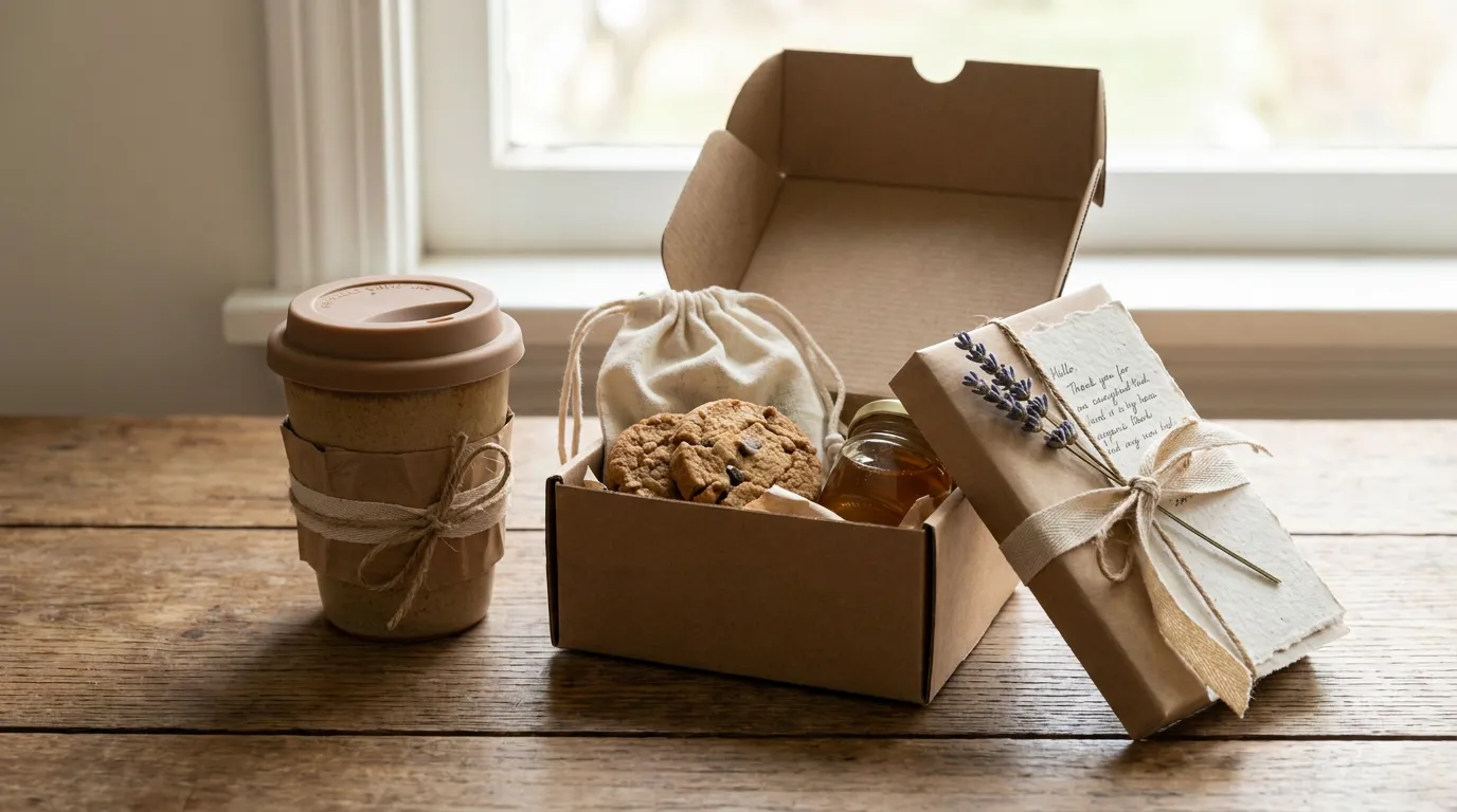 A small thank-you gift box in recycled kraft paper with a handwritten note card and a potted plant on a wooden desk