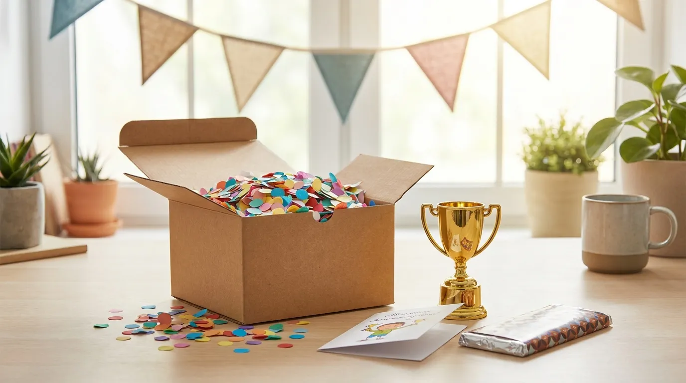 A kraft leaving gift box holding a printed mug, a small gold trophy and a bar of chocolate on a linen surface