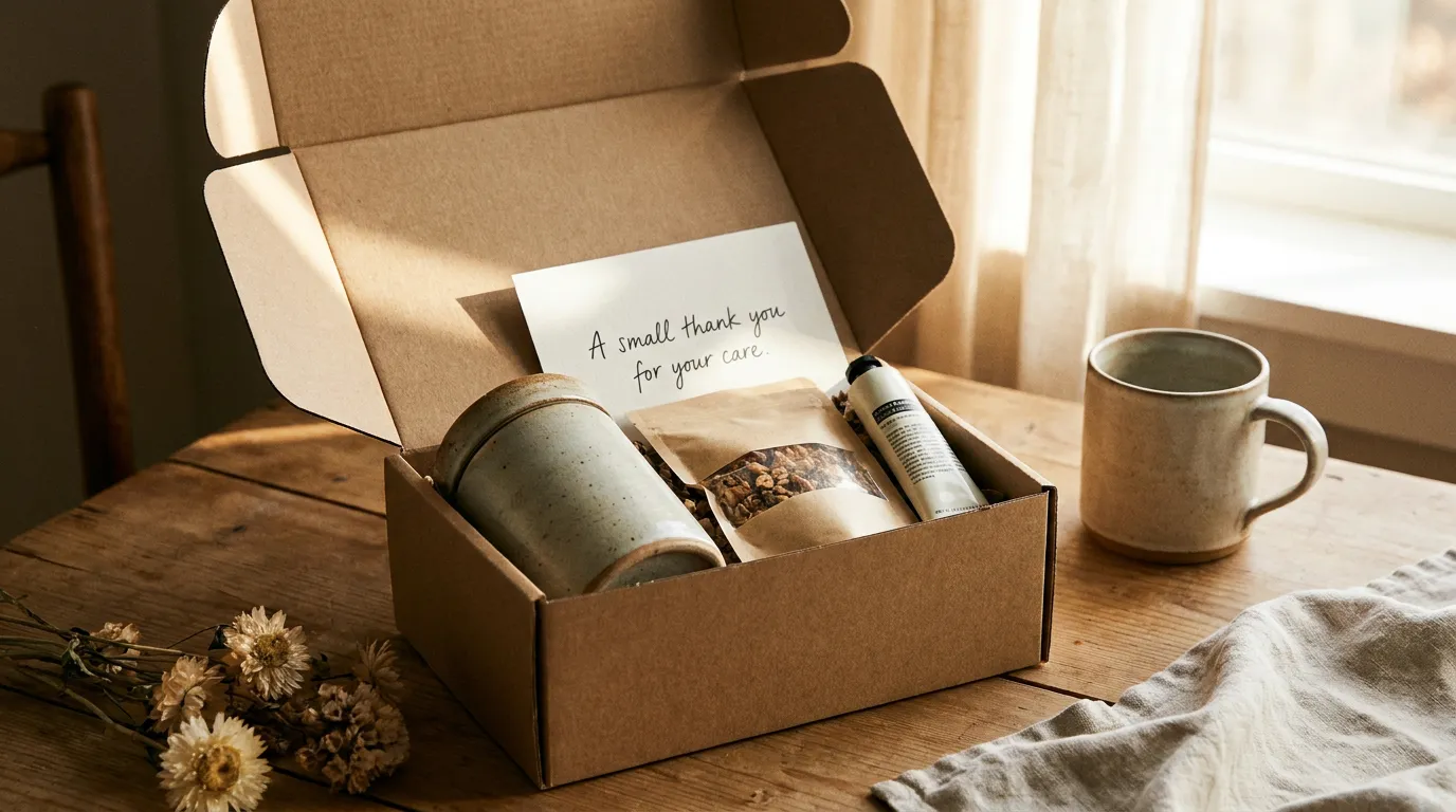 A small thank-you gift box in recyclable kraft packaging beside a notebook and a reusable bottle on a tidy linen surface.