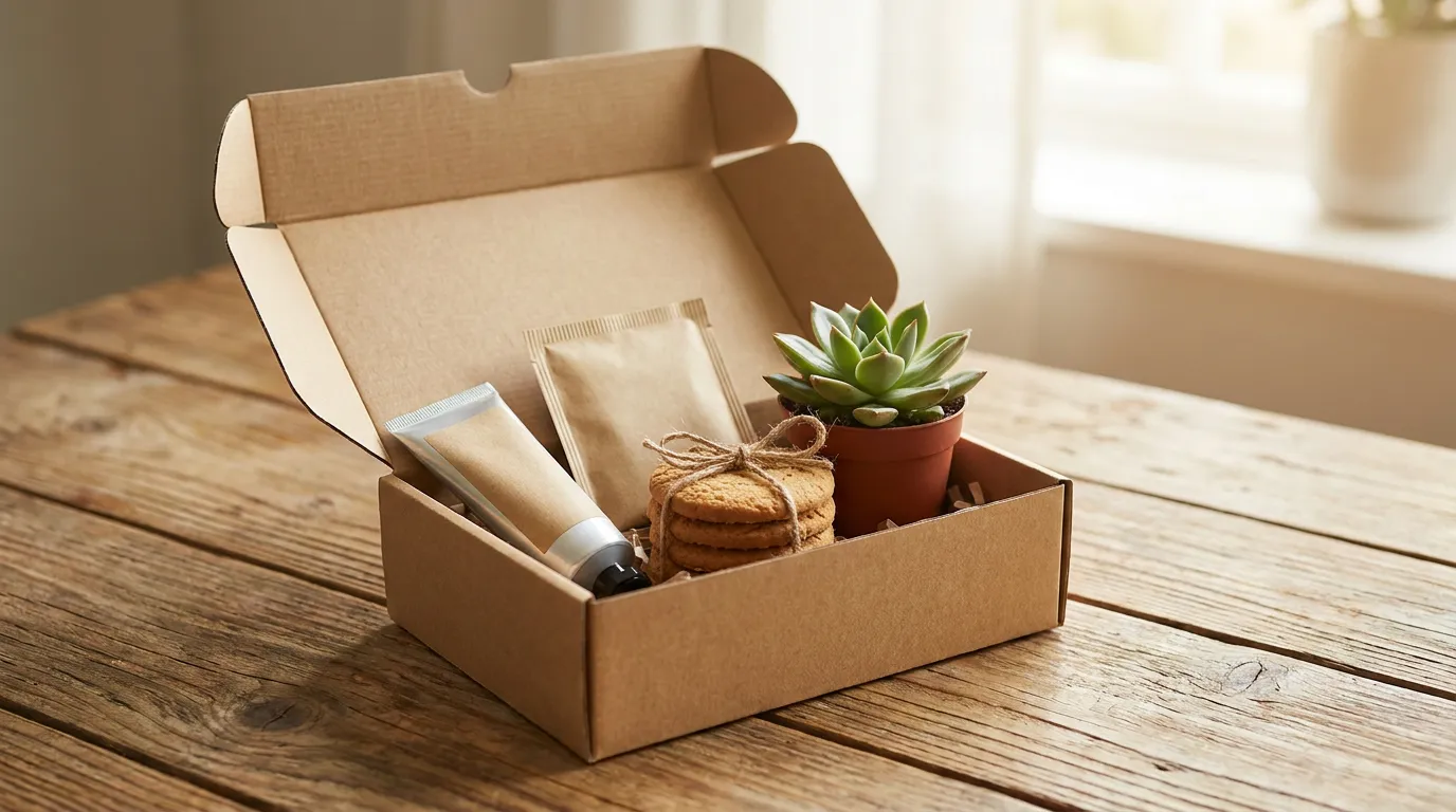 A small stack of kraft gift boxes tied with ribbon beside folded linen and a notebook on a wooden table.