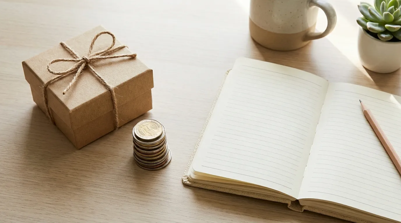 An open kraft gift box in recyclable packaging beside a notebook, a reusable bottle and a price tag on a linen-covered desk.