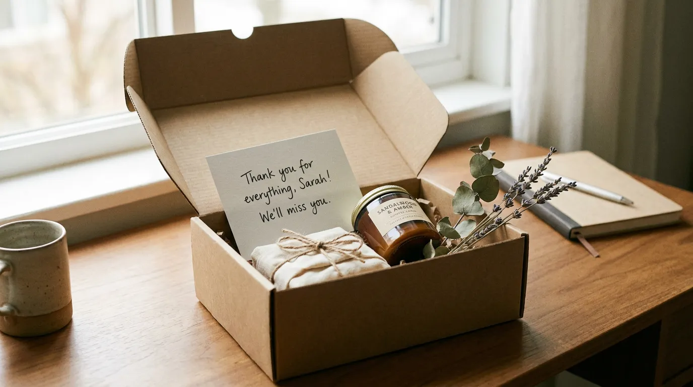 A kraft leaving gift box tied with ribbon beside a farewell card, a candle and a notebook on a tidy wooden desk