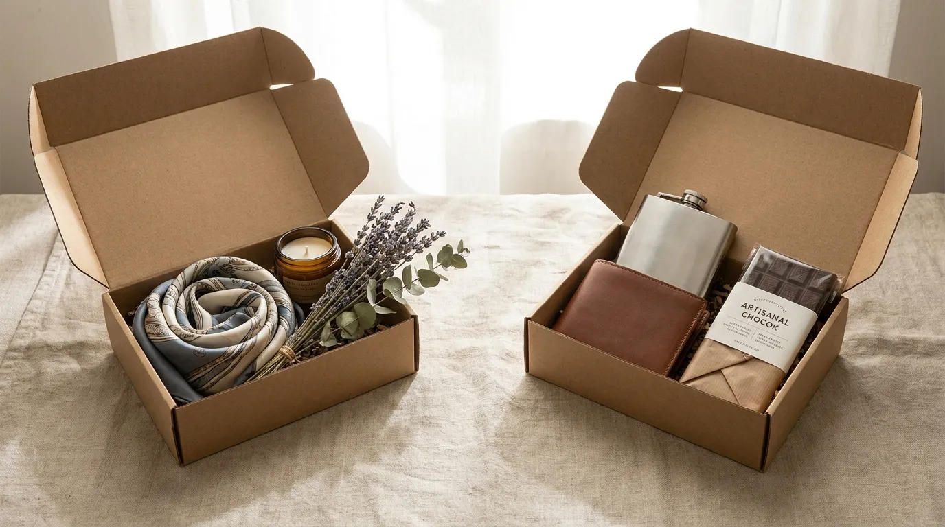 Two kraft gift boxes on a linen surface, one holding a folded scarf and a candle, the other a leather card holder and a bag of coffee.