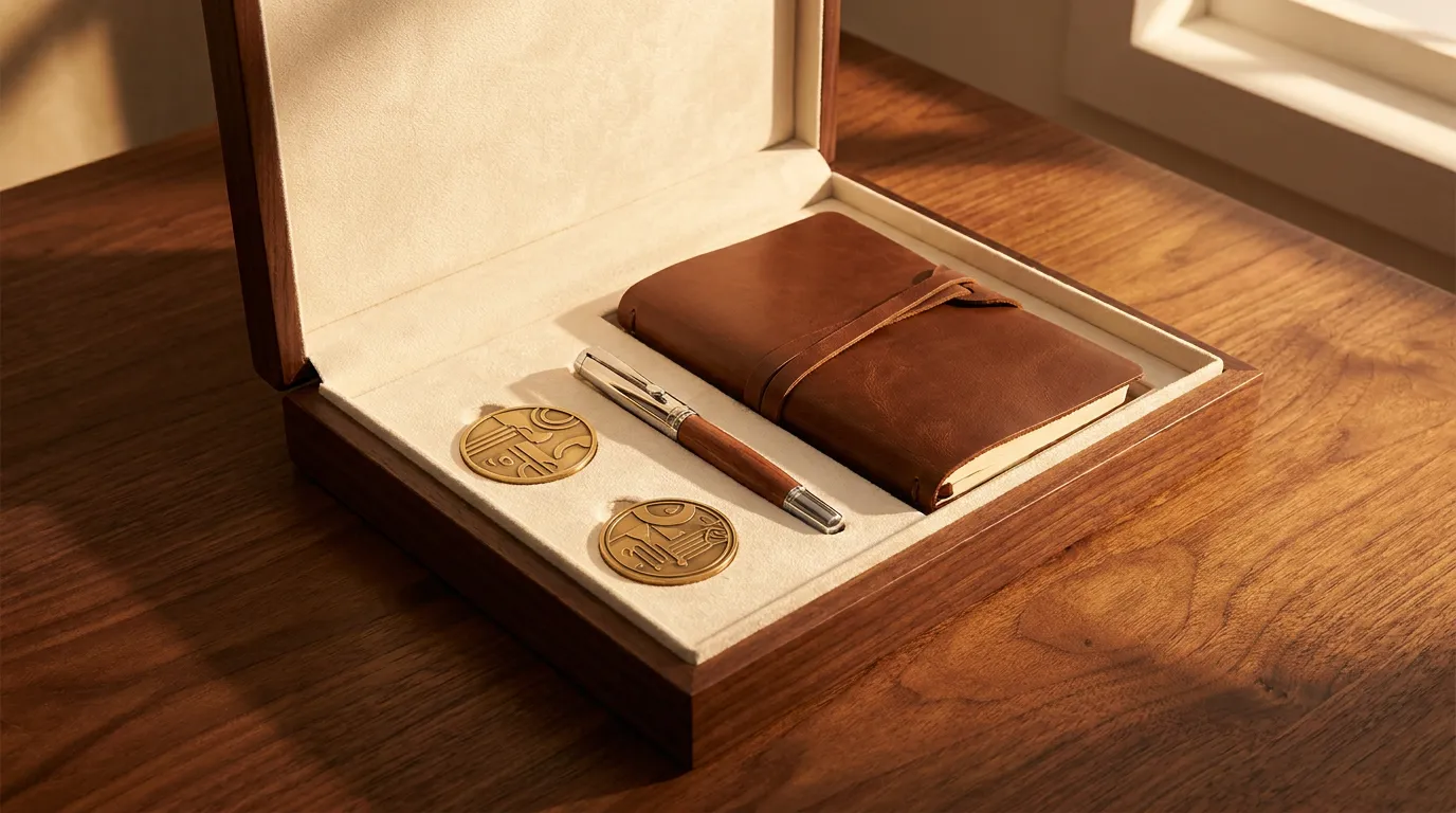 A set of gift boxes in kraft packaging tied with ribbon, arranged on a linen-covered desk beside a folded blanket and a notebook.