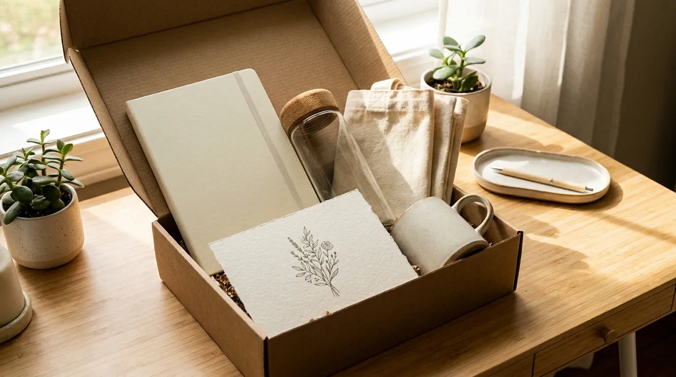 A new employee welcome pack in recyclable kraft packaging with a reusable bottle, a notebook and good treats arranged on a linen-covered desk