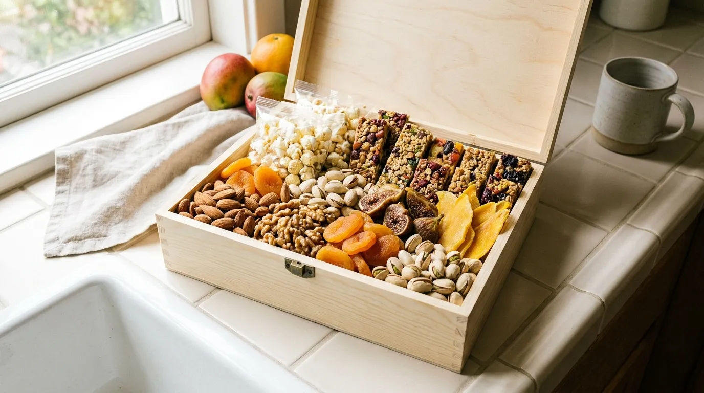 An open office snack box in recyclable kraft packaging filled with mixed snacks, nuts and chocolate bars, sitting on a tidy linen-covered desk beside a coffee cup.