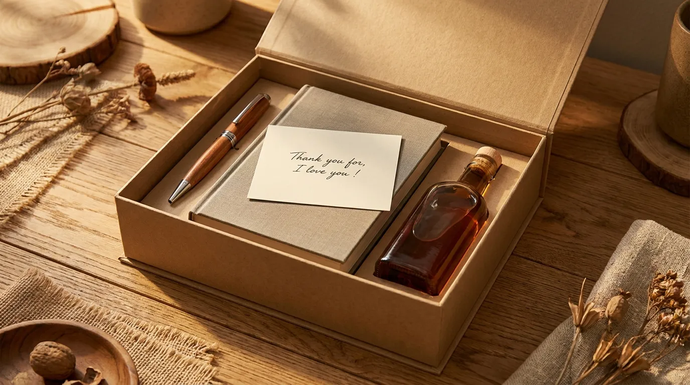A kraft retirement gift box tied with ribbon beside a signed card, a potted plant and a travel journal on a tidy linen-covered table