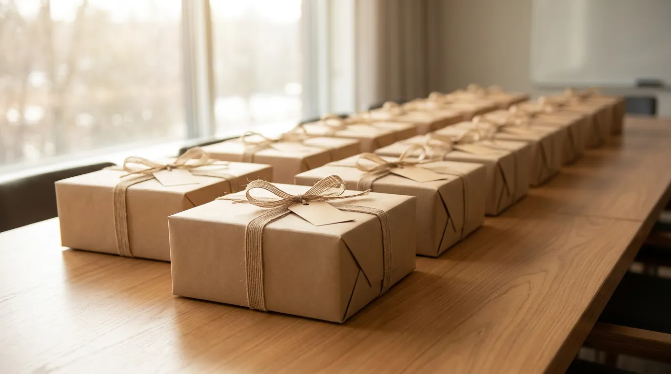 Rows of matching kraft gift boxes tied with ribbon, lined up on a long wooden table ready to be packed for a whole team.