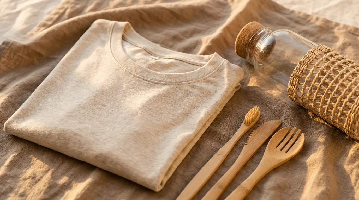 Sustainable branded merchandise laid out on linen including an organic cotton t-shirt, recycled steel bottle, FSC notebook and cork accessories in recyclable packaging