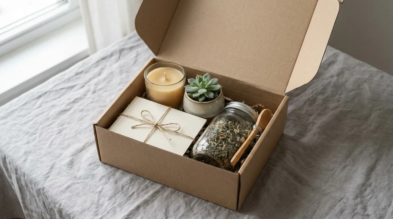 A simple kraft gift box tied with plain ribbon beside a folded card and a small candle on a quiet linen surface