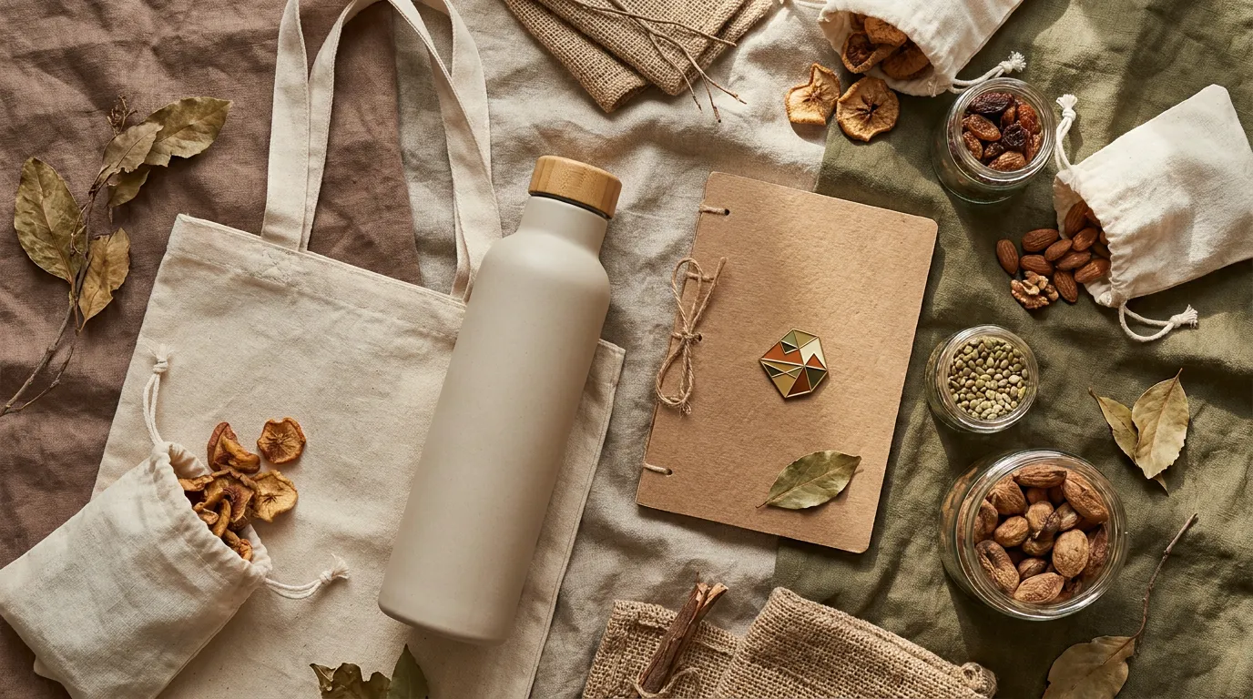 A tidy flat lay of branded company swag in recycled kraft packaging with a bamboo bottle, organic cotton tote and a notebook on a linen surface