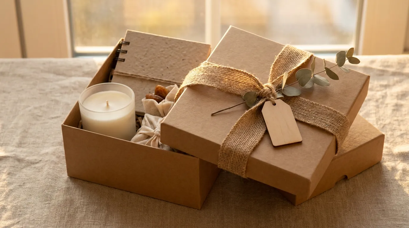A milestone anniversary gift box in recycled kraft packaging with a keepsake item, a card and a small potted tree on a linen surface