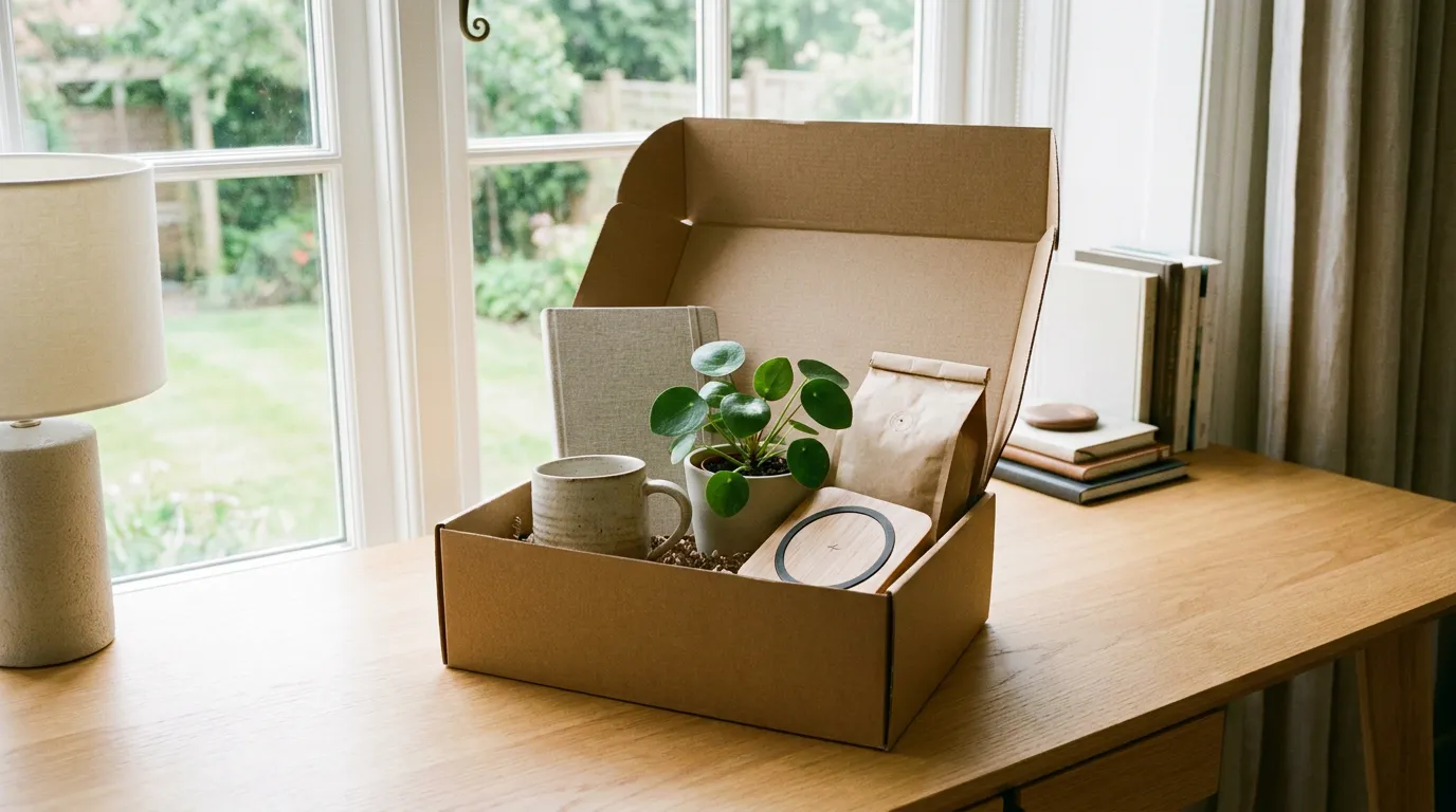 A home office gift box in recyclable kraft packaging with a notebook, a reusable bottle and a desk plant on a linen-covered desk.