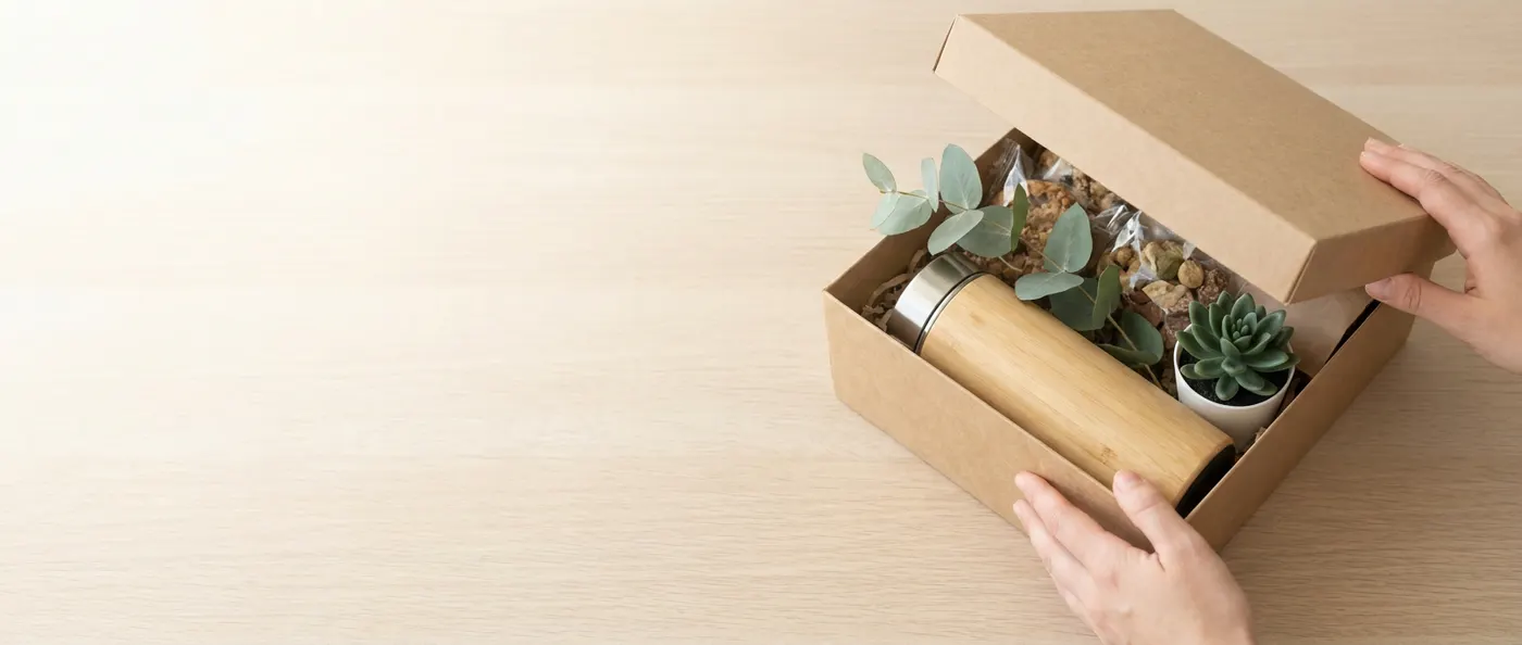 An open sustainable corporate gift box with recycled packaging, a plant and eco treats on a sunlit desk