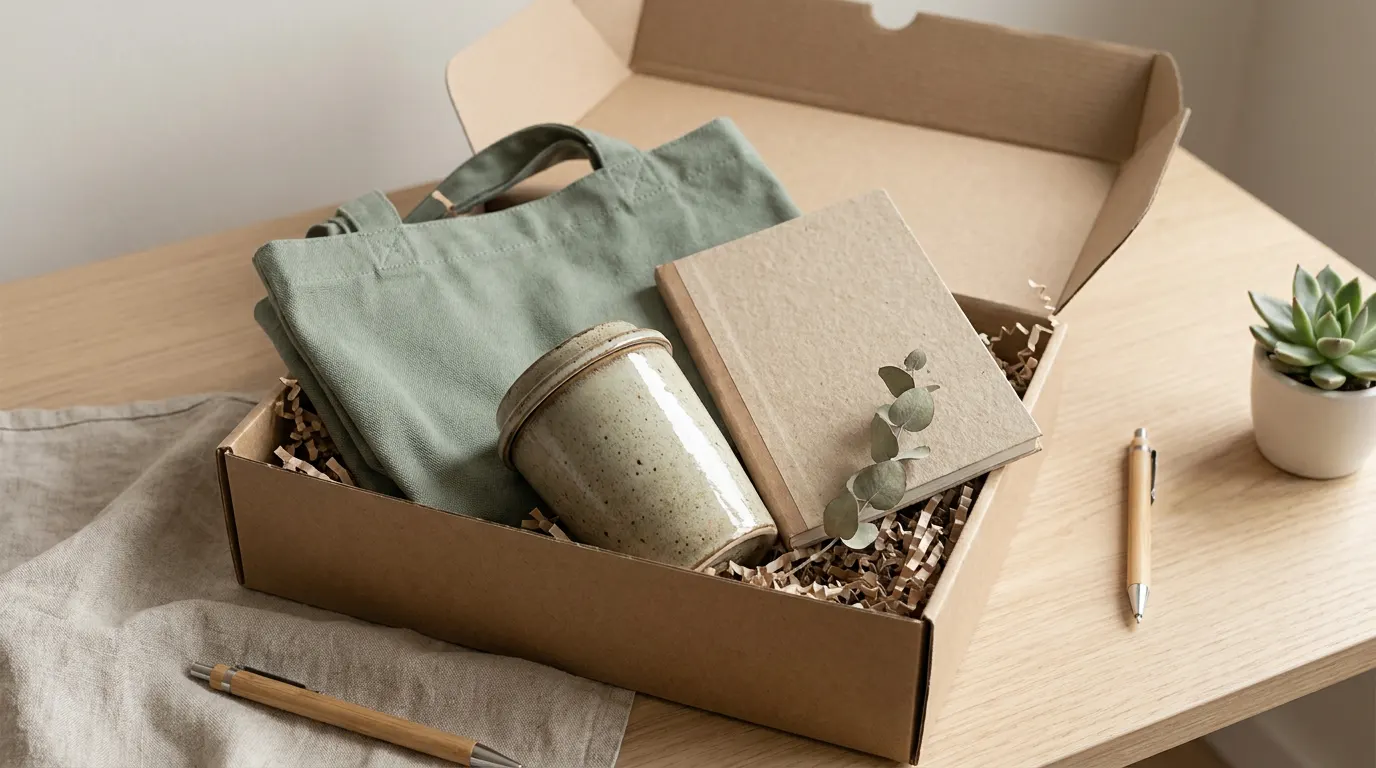 Curated UK company swag box with sustainable branded merchandise