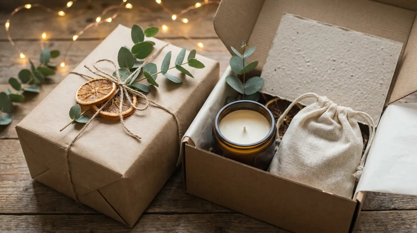 Sustainable corporate Christmas gift box with kraft wrapping and eucalyptus