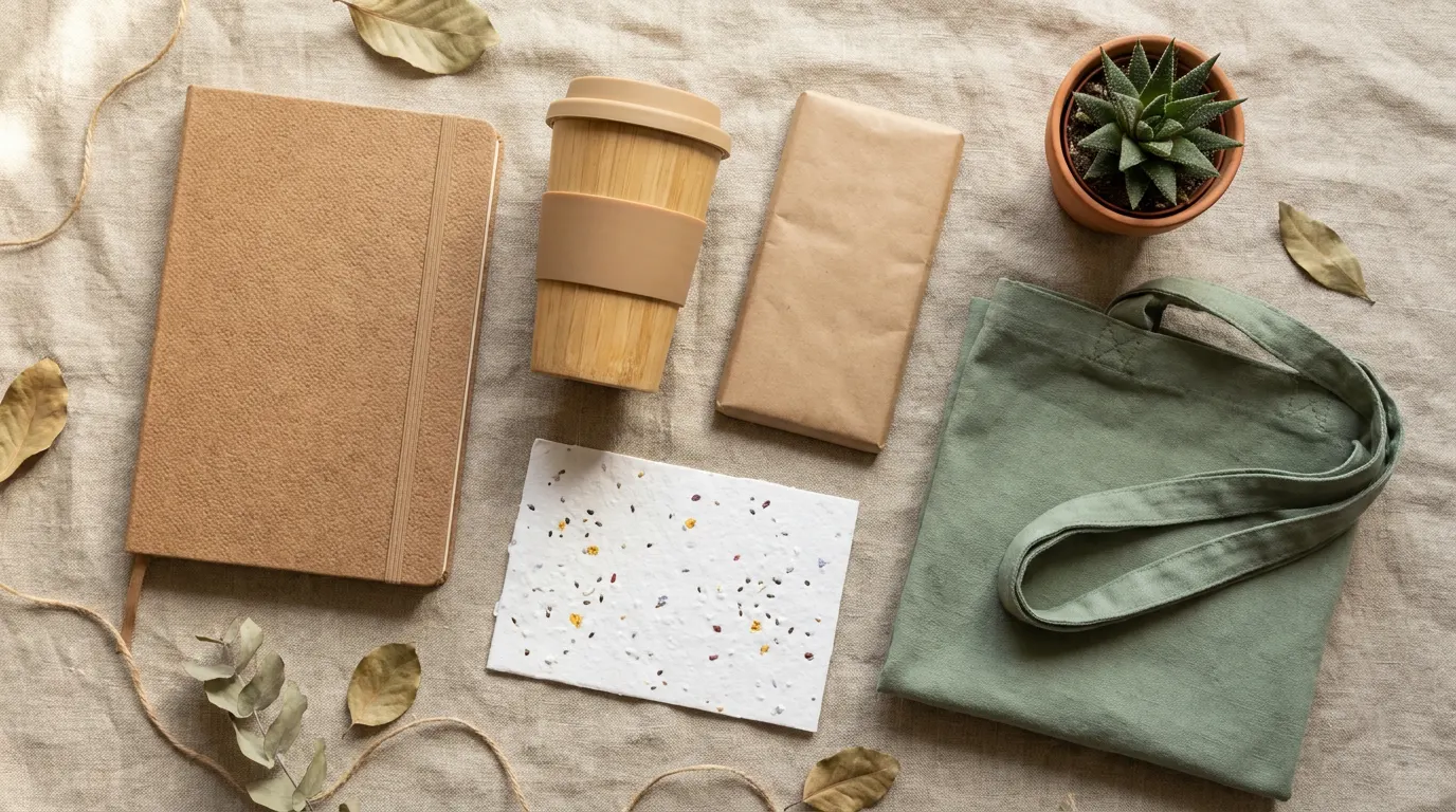 Flat-lay of sustainable corporate gift ideas on natural linen