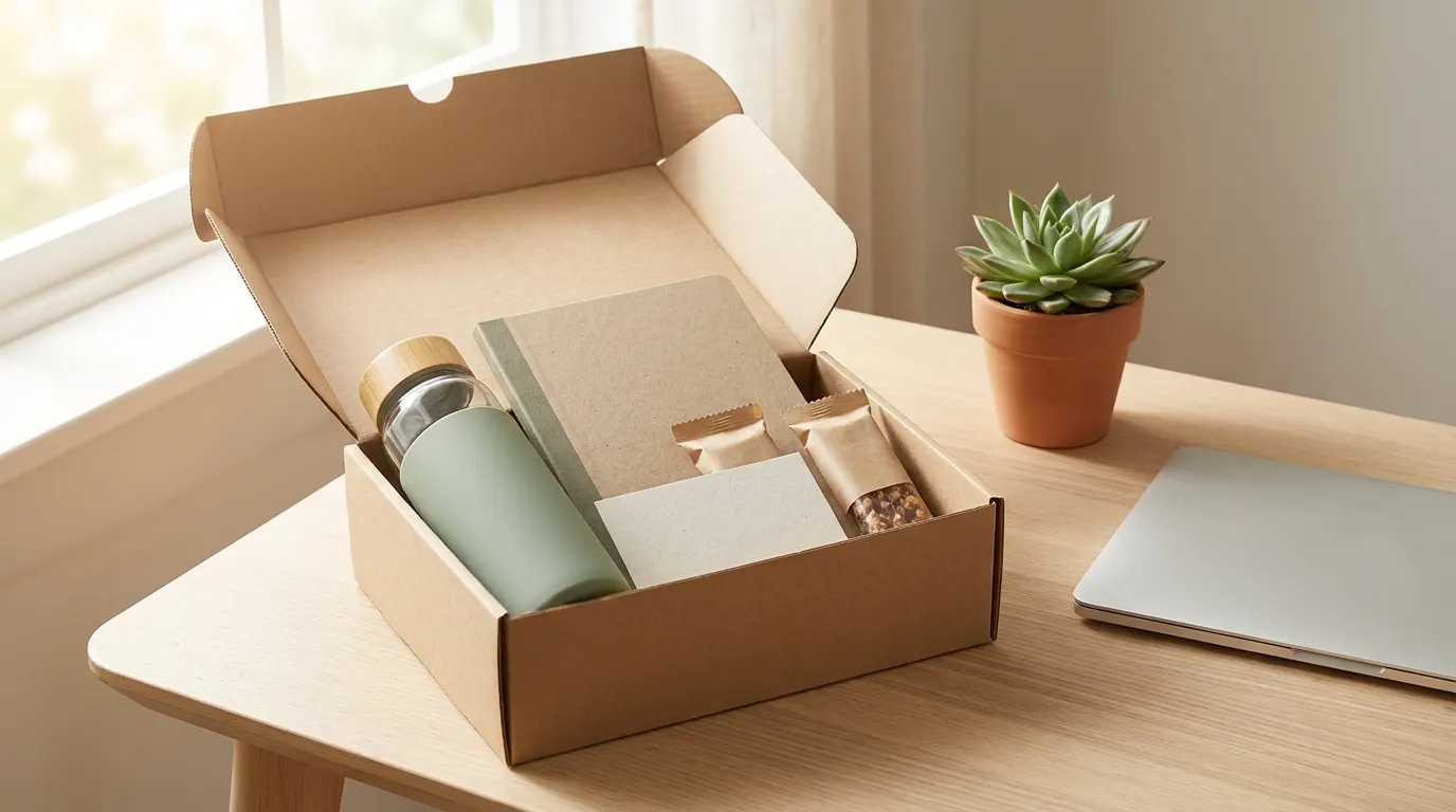 New hire welcome swag box on a fresh desk with a plant