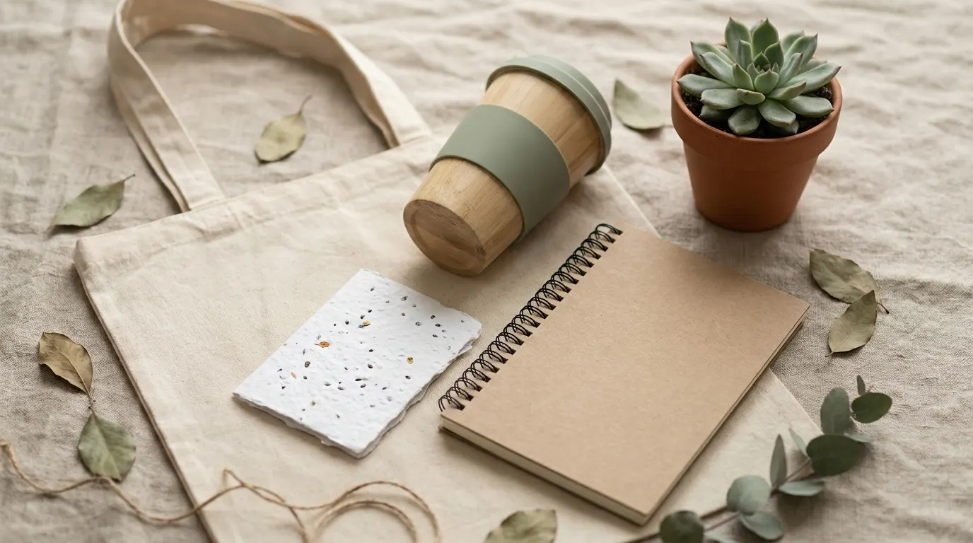 Eco-friendly sustainable company swag on natural linen
